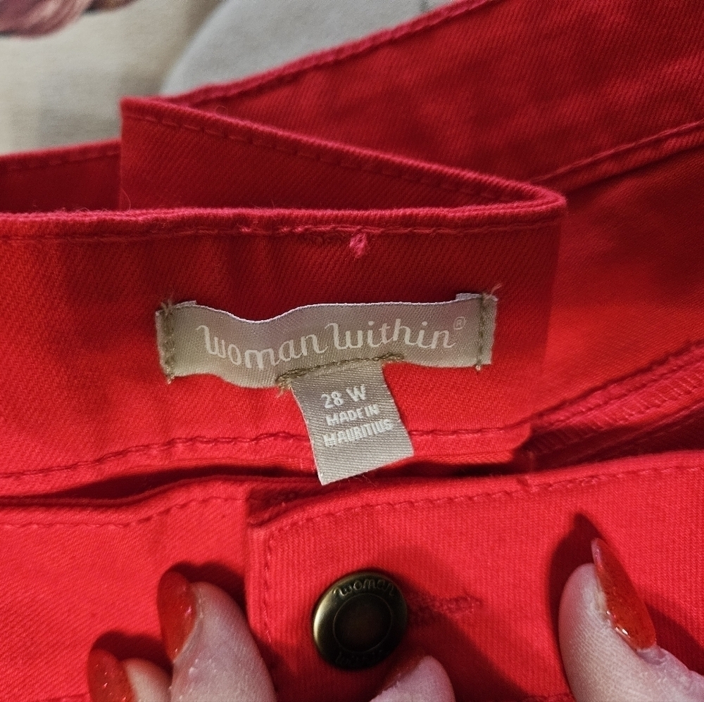 #224 Woman Within- Red Demin Pocket Capri - Size: 28W - Picture 4 of 7
